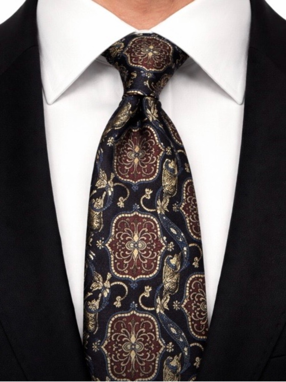 VTG Gant Men's Imported Silk Tie Black Burgundy Blue Gold Abstract Medallion USA